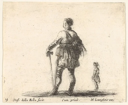 Plate 19: a Polish nobleman in court dress, standing in center, seen from behind, another nobleman to right in background, from 'Diversi capricci'