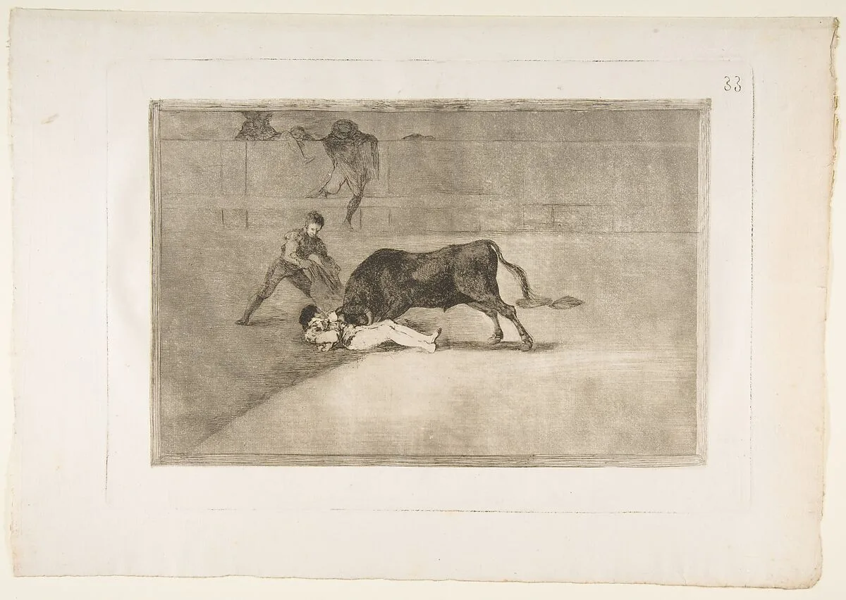 Plate 33 from "La Tauromaquia": The unlucky death of Pepe Illo in the ring at Madrid — Goya (Francisco de Goya y Lucientes)