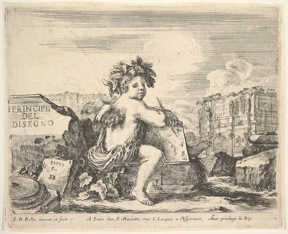 Plate 1: the genius of drawing, a child with wings, seated on a rock in center turned towards the right, holding a drawing pad and pen, ruins including a triumphal arch to right in the background, the title page from The Principles of Design (I principii del disegno) — Stefano della Bella|Pierre Mariette