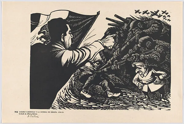 Plate 73: Lázaro Cárdenas at left holding the Mexican flag confronting the Franco's fascist troops during the Spanish Civil War (1936-39), from the portfolio 'Estampas de la revolución Mexicana' (prints of the Mexican Revolution) — Taller de Gráfica Popular|Alberto Beltrán