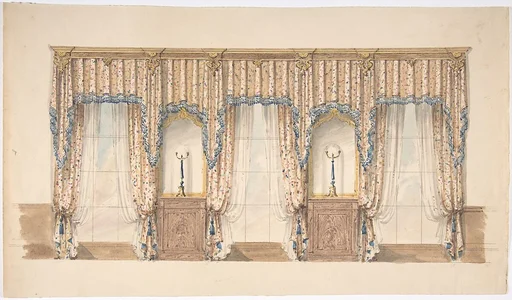 Design for Pink, Gold, Blue and White Curtains with Blue Fringes and a Gold and Wood Pediment