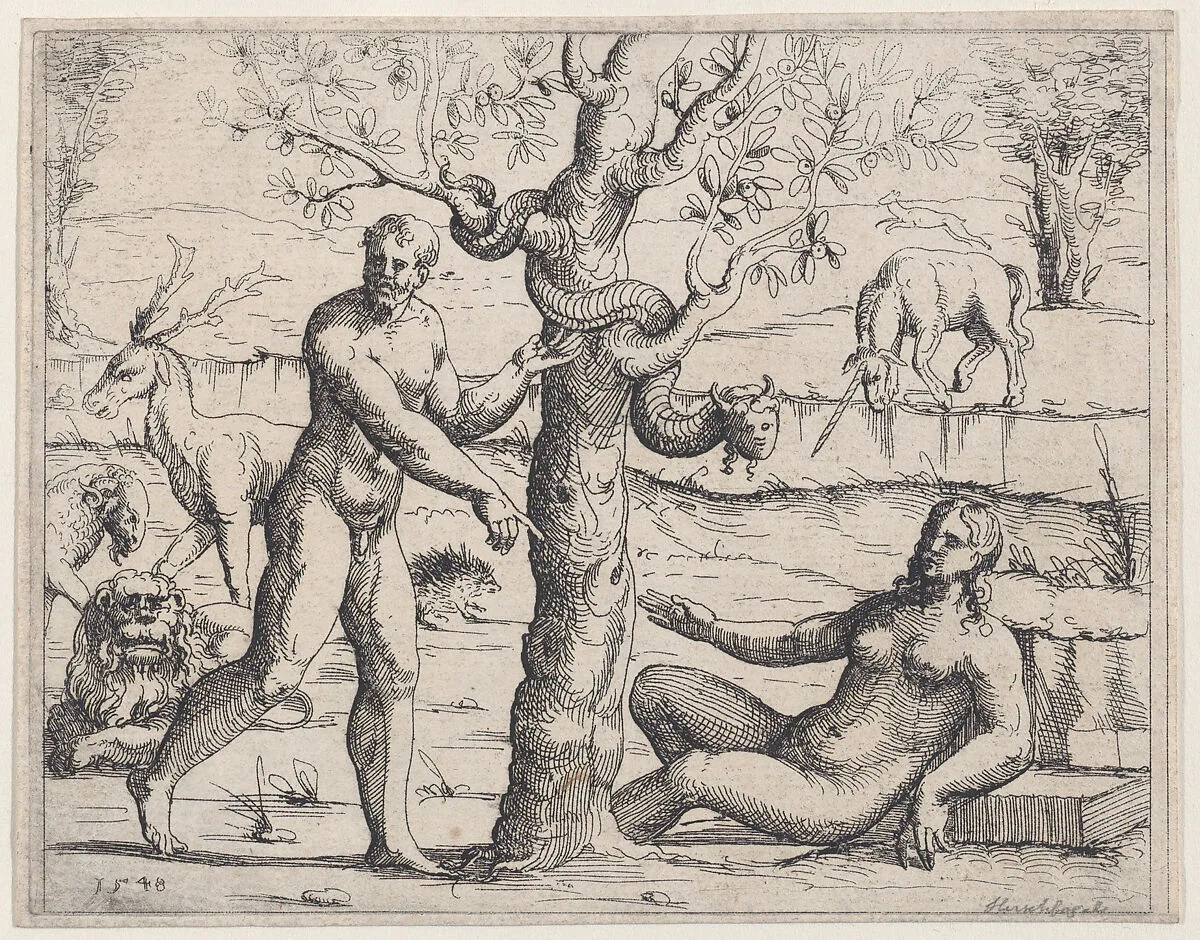 Adam and Eve Eating the Forbidden Fruit, from Old and New Testaments — Augustin Hirschvogel