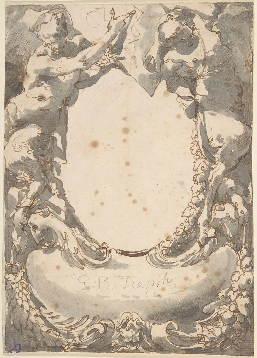 Design for a Double Cartouche flanked by Satyrs (Frontispiece?) — Anonymous, Italian, Venetian, 18th century