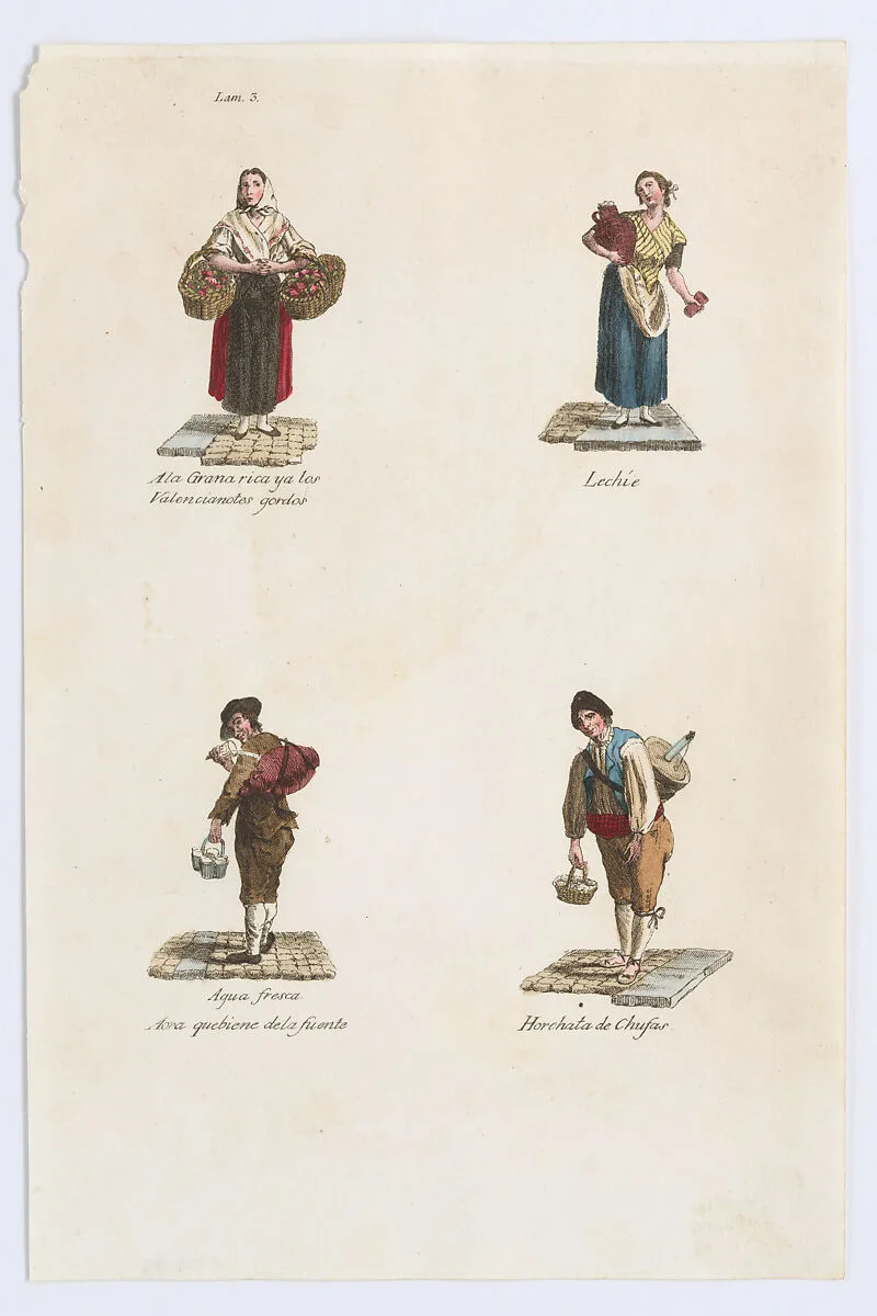 Plate 3: four street vendors from Madrid selling large tomatoes, milk, water, milk shakes, from 'Los Gritos de Madrid' (The Cries of Madrid) — Imprenta Real, Madrid|Miguel Gamborino