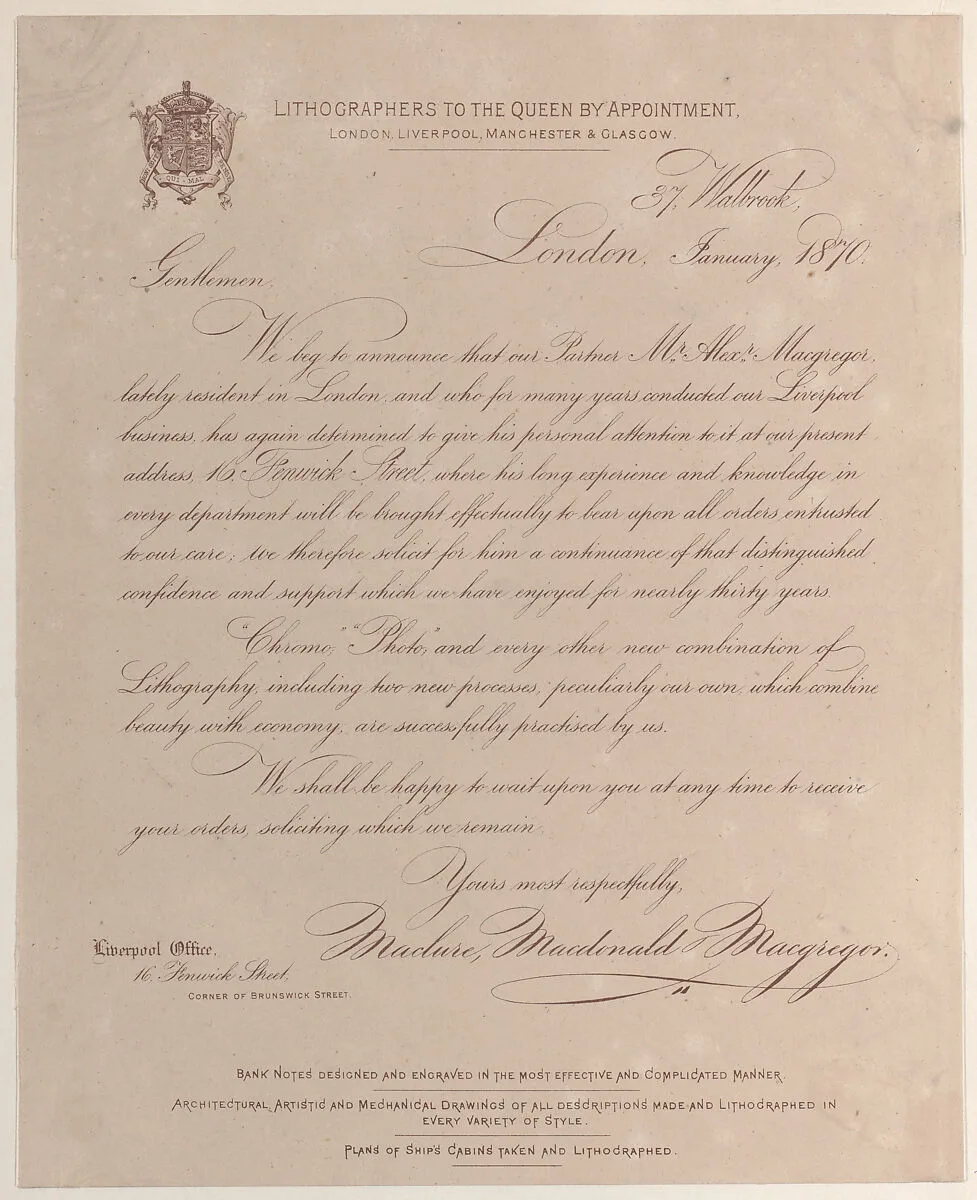 Trade card for Maclure, Macdonald & Macgregor, publisher and printer — Anonymous, British, 19th century