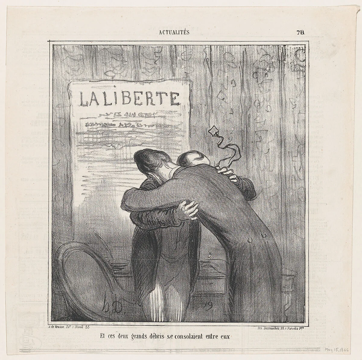 And these two old wrecks consoled each other, from 'News of the day,' published in Le Charivari, May 15, 1866 — Arnaud de Vresse|Destouches|Honoré Daumier