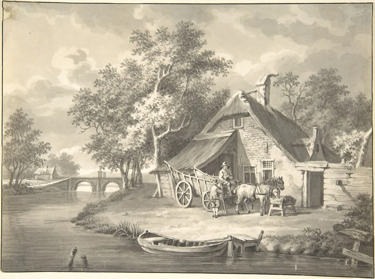 A Haywagon In front of a Cottage Beside a Stream — Anonymous, British, 19th century