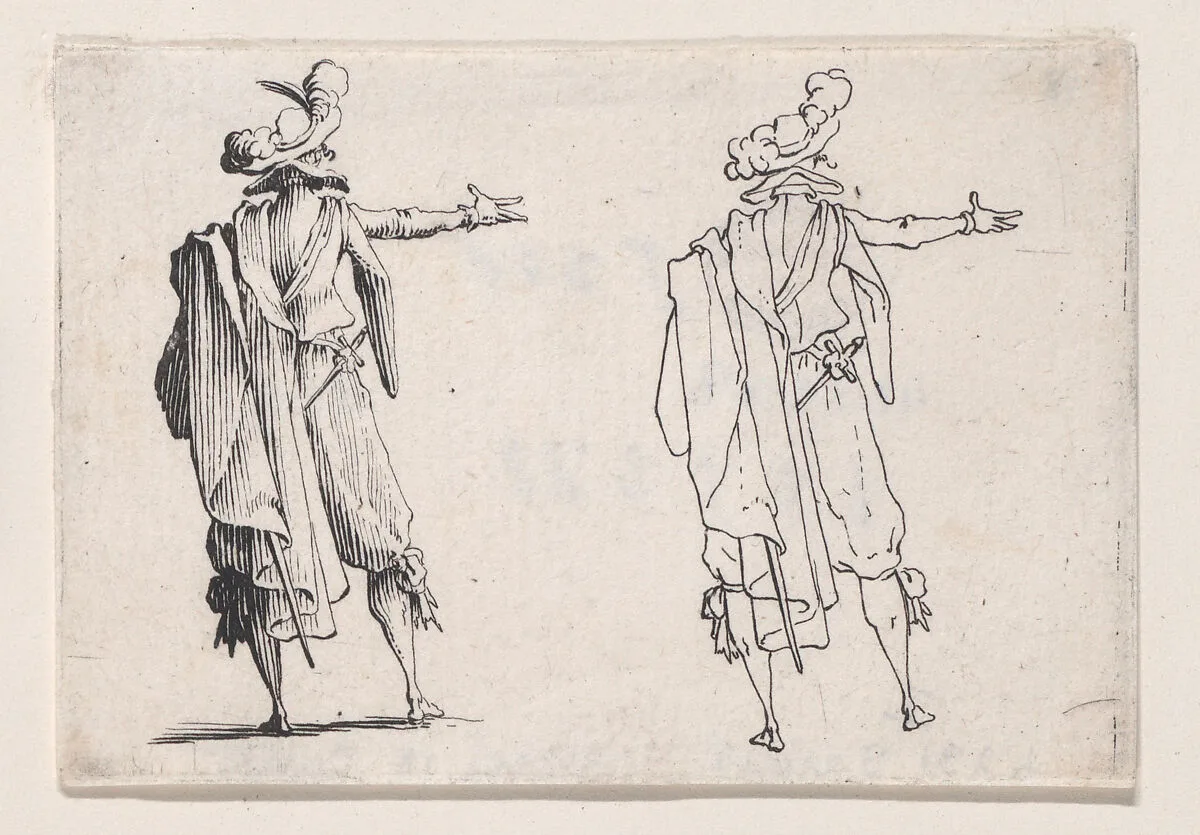 L'Homme Vu de Dos la Main Droite Tendue (Man Seen from Behind with his Right Hand Extended), from Les Caprices Series A, The Florence Set — Jacques Callot|Lorenzo de' Medici