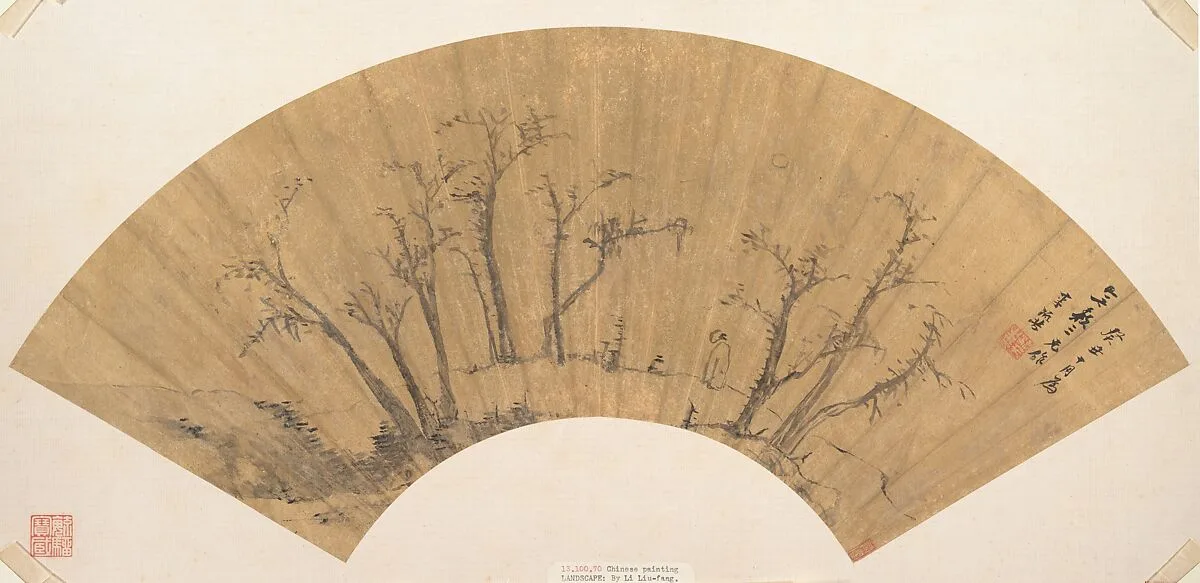 明 李流芳 疏林小景 扇|Figure standing in a grove of trees — Li Liufang