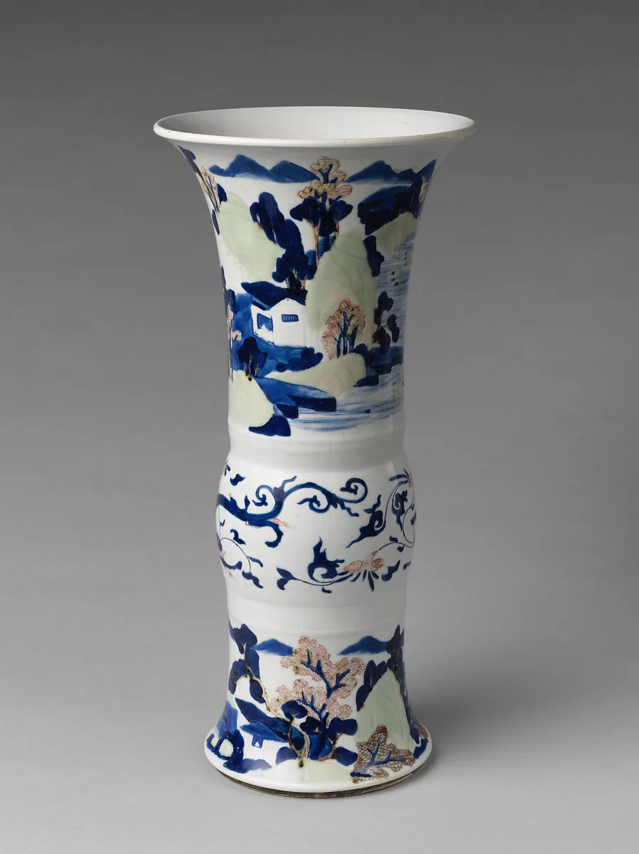 清康熙 景德鎮窯釉下三彩山水圖觚形瓶|Vase with landscape scenes — Unknown