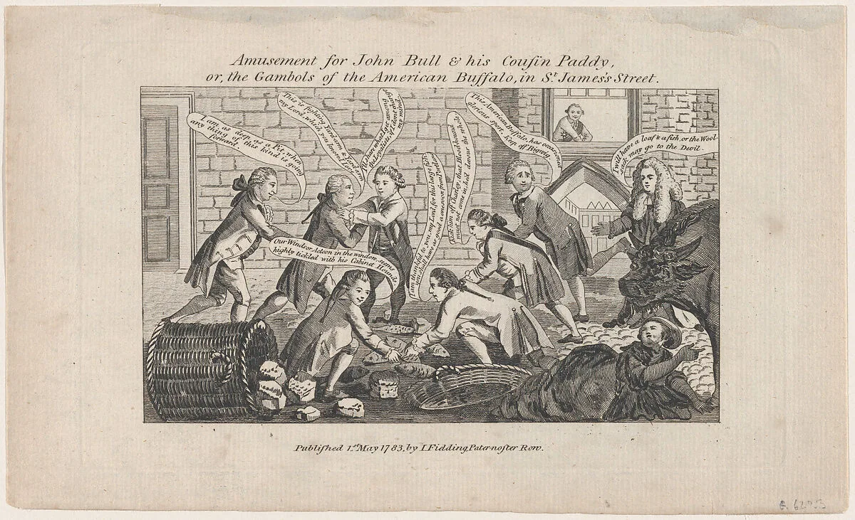 Amusement for John Bull & His Cousin Paddy, or, the Gambols of the American Buffalo, in St. James's Street — John Fielding