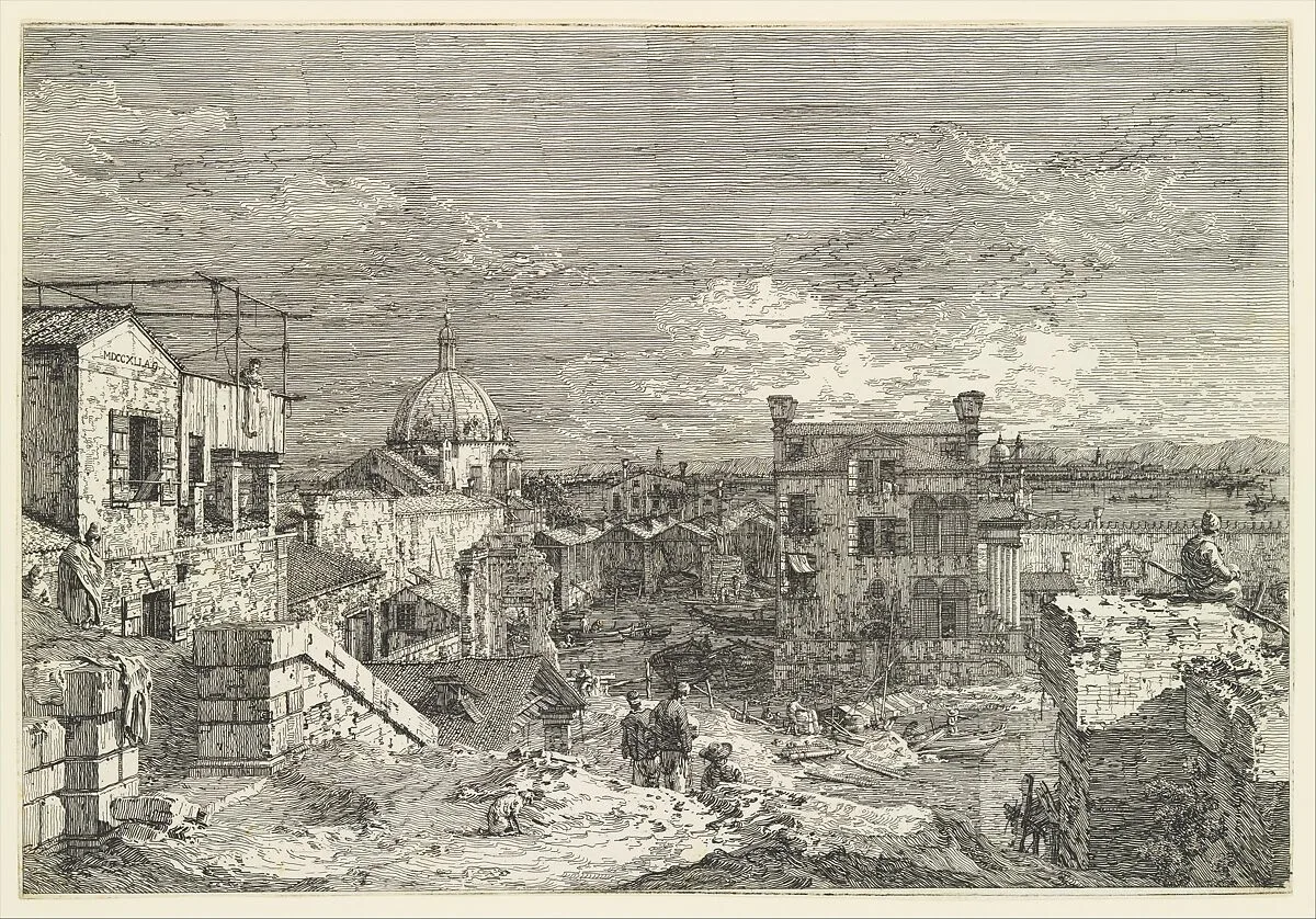 Imaginary View of Venice, houses at left with figures on terraces, a domed church at center in the background, boats and boat-sheds below, and a seated man observing from a wall at right in the foreground, from 'Views' (Vedute altre prese da i luoghi altre ideate da Antonio Canal) — Joseph Smith|Canaletto (Giovanni Antonio Canal)