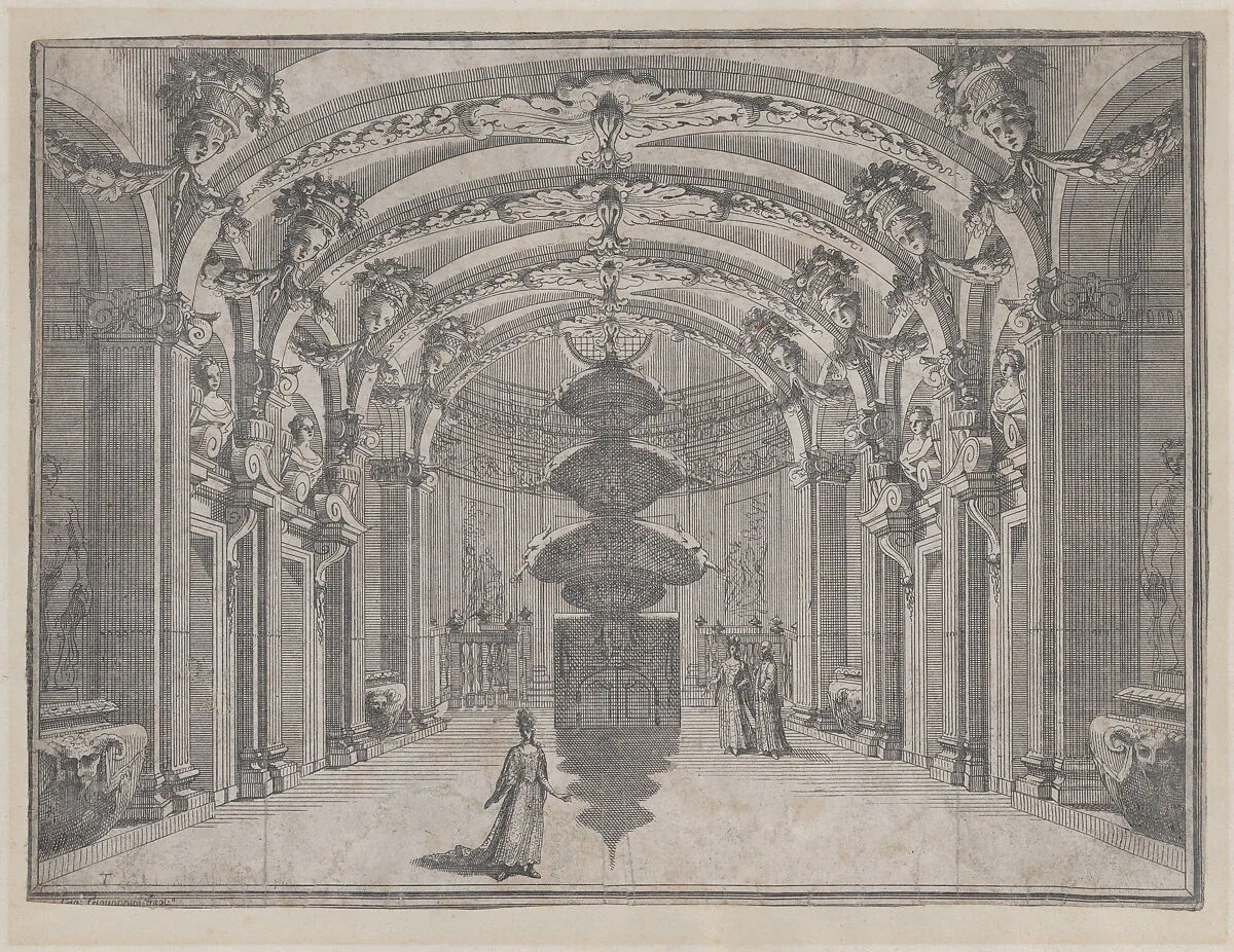 Theatrical scene in a great hall with a vaulted ceiling and a central sculpture; two figures converse in the background while a third stands alone in the foreground — Ludovico Ottaviano Burnacini|Giacomo-Maria Giovannini