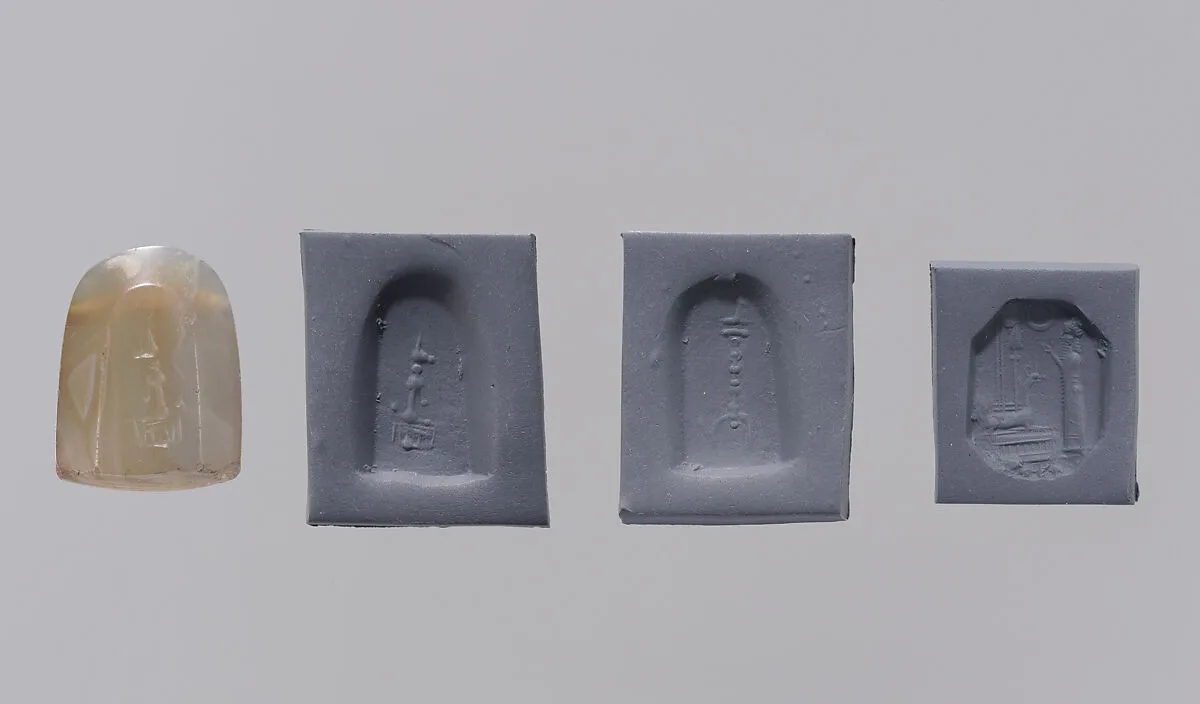 Stamp seal (octagonal pyramid) with cultic scene and divine symbols — Unknown