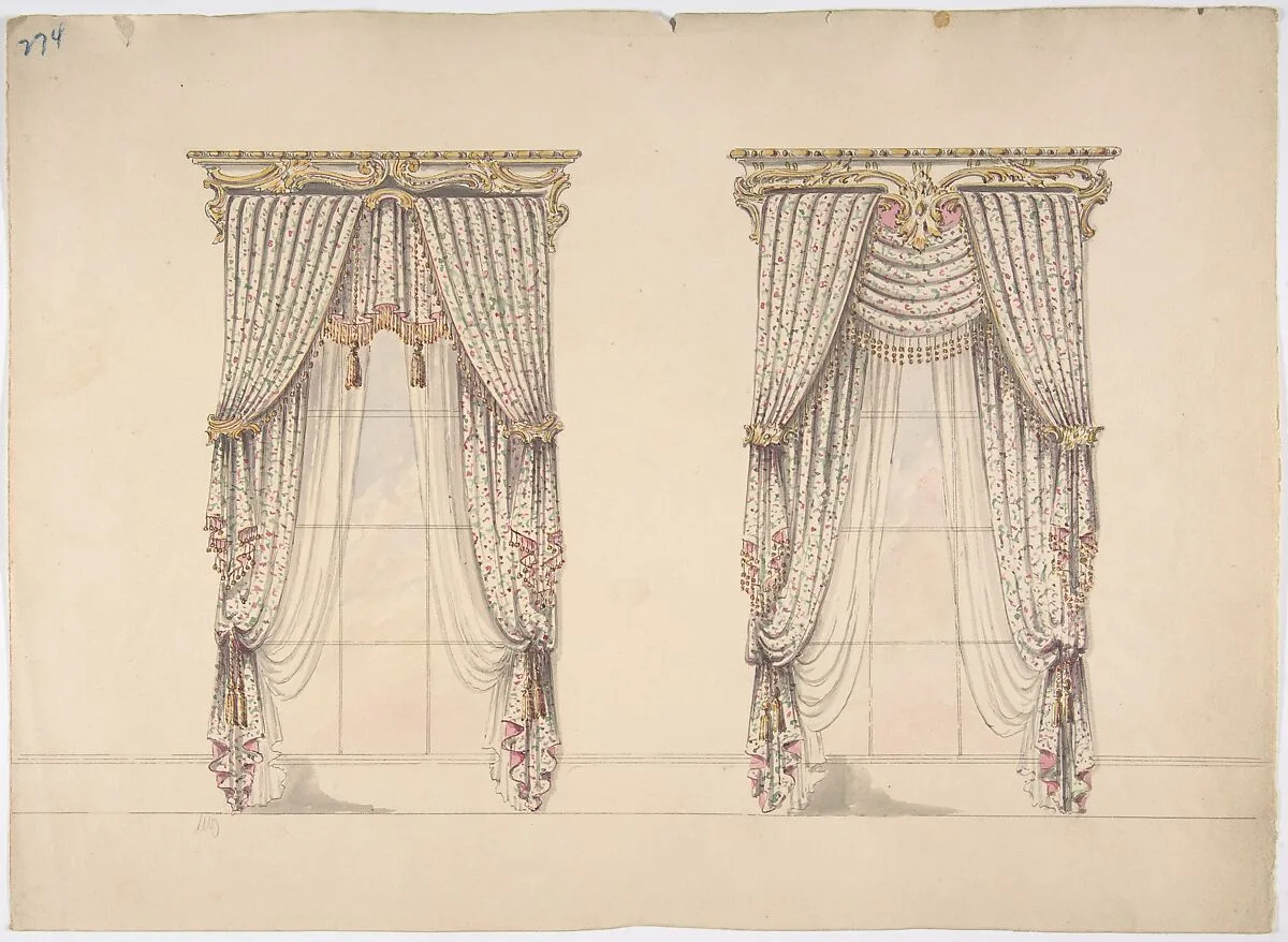 Design for Pink, Green and White Curtains with Pink and Gold Fringes and a Gold and White Pediment — Anonymous, British, 19th century