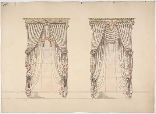Design for Pink, Green and White Curtains with Pink and Gold Fringes and a Gold and White Pediment
