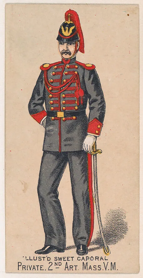 Private, 2nd Artillery, Massachusetts, V.M., from the Military Series (N224) issued by Kinney Tobacco Company to promote Sweet Caporal Cigarettes — Kinney Brothers Tobacco Company