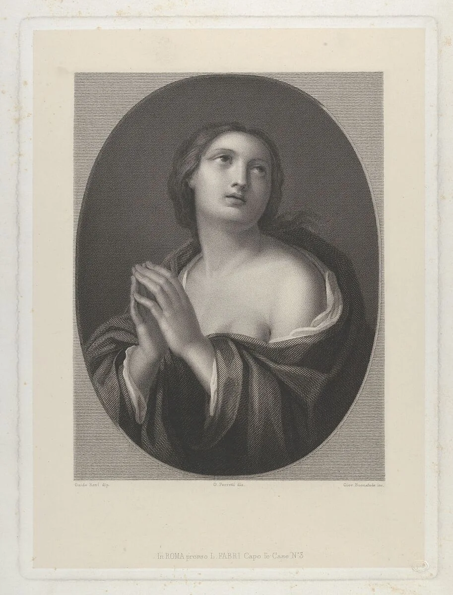 Female personification of Hope looking up with hands held together and left shoulder exposed, in an oval frame, after Reni — Guido Reni|Giovanni Buonafede|Giuseppe Ferretti