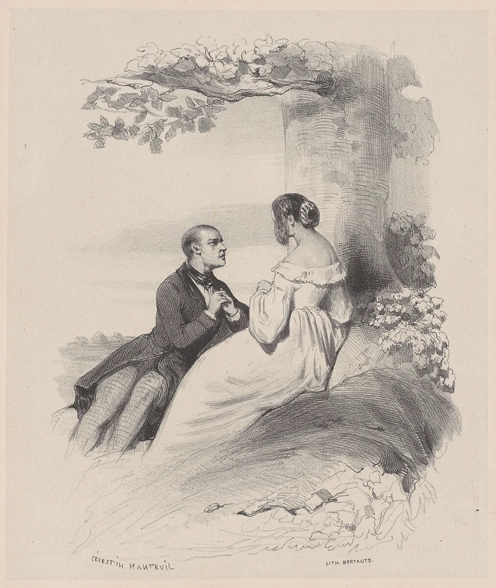 Man Proposing to a Woman whose Face is Hidden by Hair — Célestin Nanteuil|Bertauts, P. Cadet, Paris