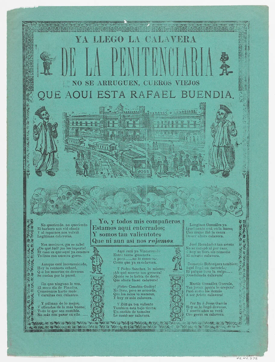 The arrival of the skeletons of the penitentiary (Posada); two skeleton angels in lower corners of verso (Manilla) — Manuel Manilla|José Guadalupe Posada|Antonio Vanegas Arroyo