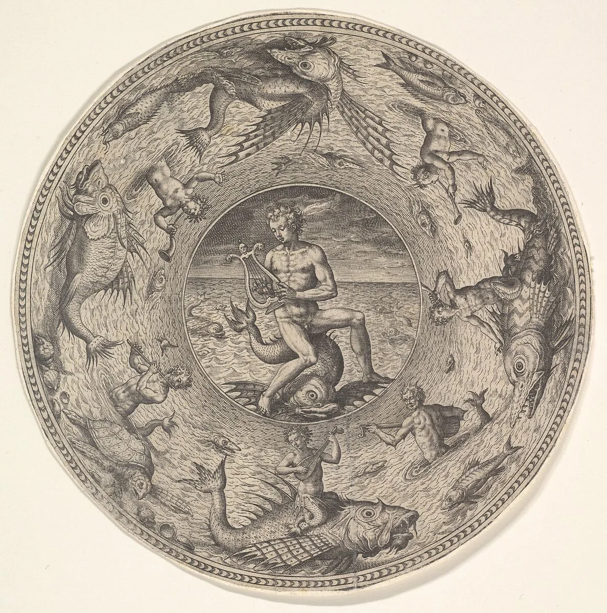 Arion on a Dolphin surrounded by a Border decorated with Sea Creatures, from a Set of Circular Designs with Sea Gods — Adriaen Collaert|Philips Galle