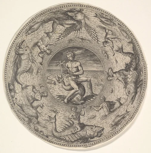 Arion on a Dolphin surrounded by a Border decorated with Sea Creatures, from a Set of Circular Designs with Sea Gods