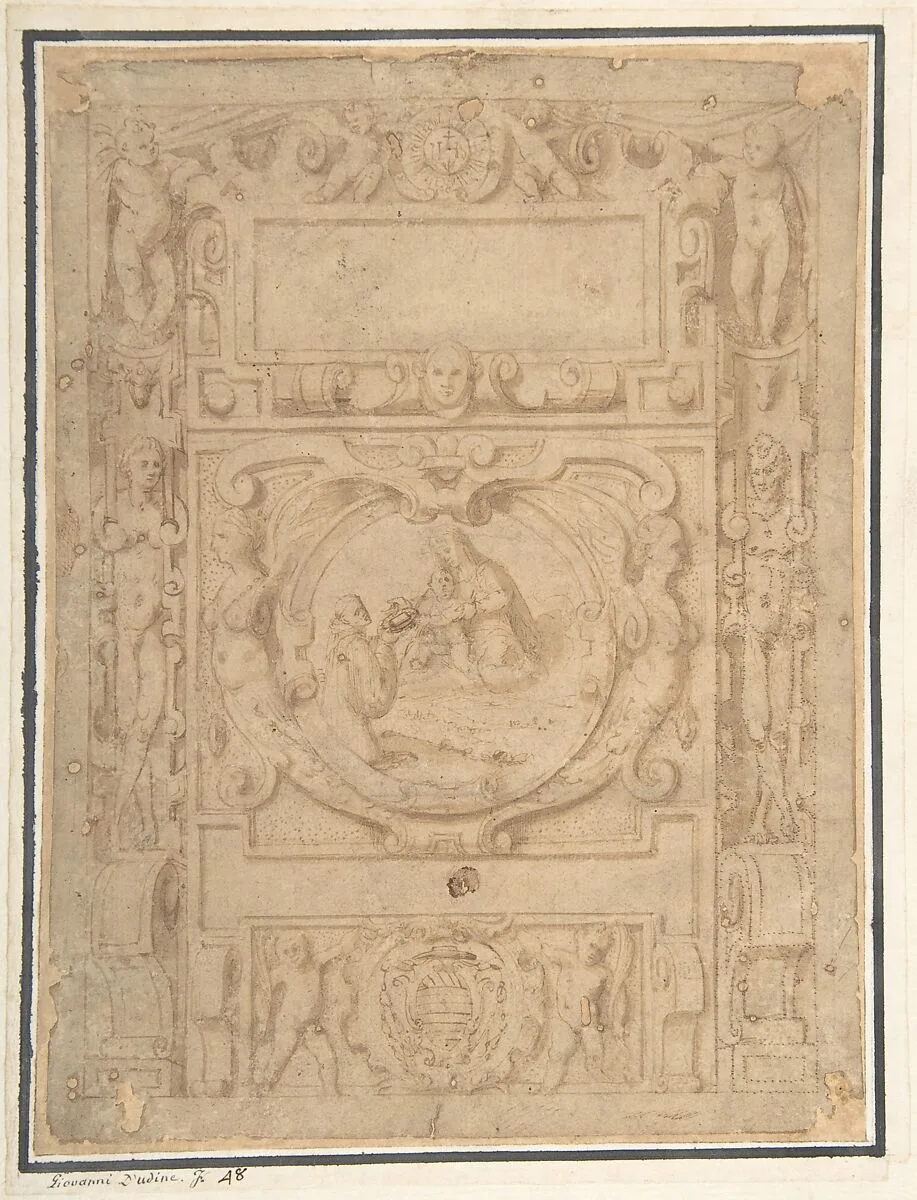 Design for a Cartouche with the "IHS" Monogram of the Society of Jesus, Putti, Fantastick Creatures, at the Borders, a Central Scene of the Virgin and Child with a Monastic Figure, and the Family Arms of a Cardinal — Anonymous, Italian, second half of the 16th century