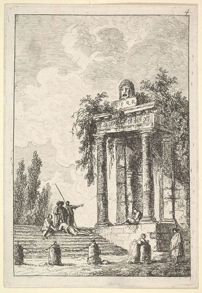 Plate 4: remains of a classical monument to right surmounted by a mask and tablet, a figure sitting on the porch, four figures on a staircase to left, four milestones below, from "Les soirées de Rome" — Hubert Robert