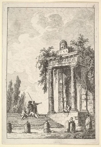 Plate 4: remains of a classical monument to right surmounted by a mask and tablet, a figure sitting on the porch, four figures on a staircase to left, four milestones below, from "Les soirées de Rome"