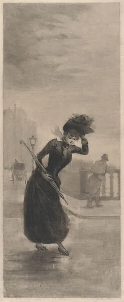 Woman Walking in the Wind Holding an Umbrella — Henri Boutet