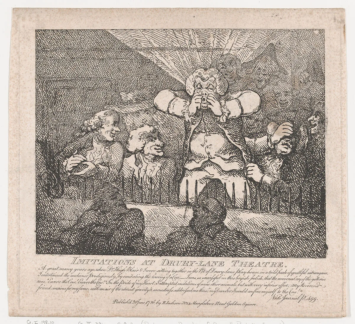 Imitations at Drury-Lane Theatre (Picturesque Beauties of Boswell, Part the Second) — Samuel Collings|Samuel Johnson|James Boswell|Hugh Blair|Elizabeth Jackson|Thomas Rowlandson