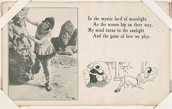 Bathing beauty leaning on rock with message from Mack Sennett Comedies Arcade series (W423) — Unknown
