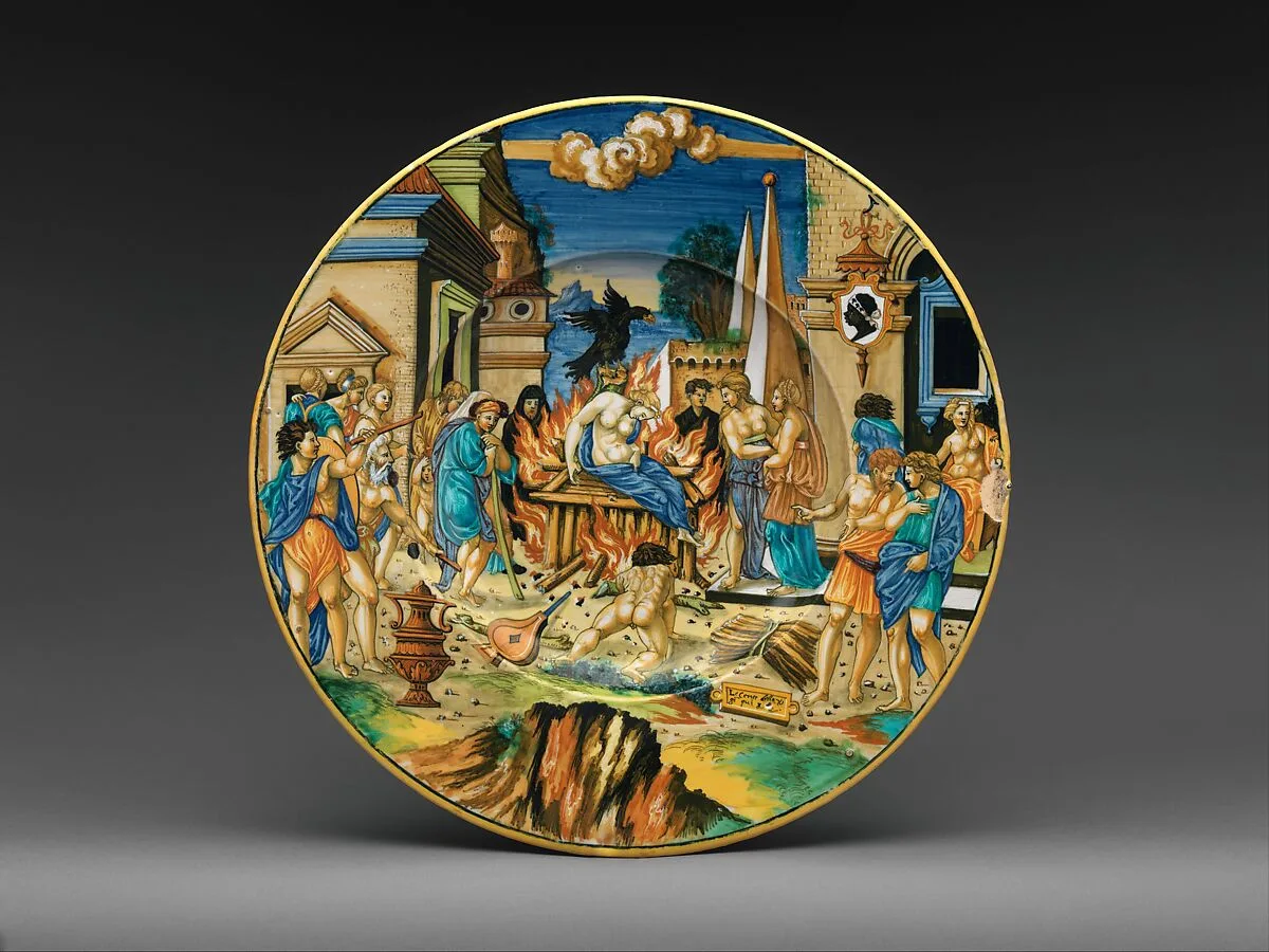 Dish with The Woman of Sestos and the Eagle and arms of the Pucci family — Fra Xanto Avelli da Rovigo