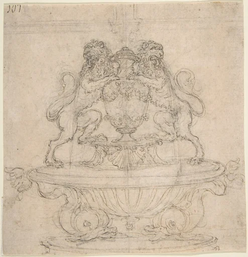Design for a Fountain with Two Water-Spouting Lions (recto); Sketch for Triumph of Galatea [?] (verso).
