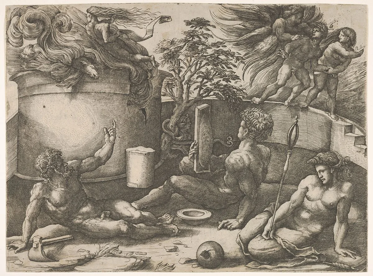 Cain holding a mirror watching his sacrifice engulfed in flames, Adam and Eve seated nearby; in the upper right an angel expelling them from Paradise — Antonio Veneziano|Giulio Bonasone|Amico Aspertini