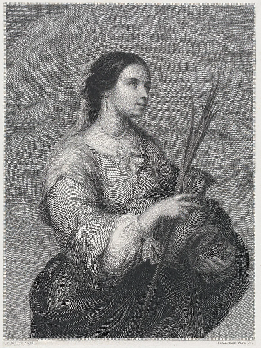 St Justa, three-quarter length, turned to right, holding two pots and a palm — Bartolomé Estebán Murillo|Auguste Blanchard père
