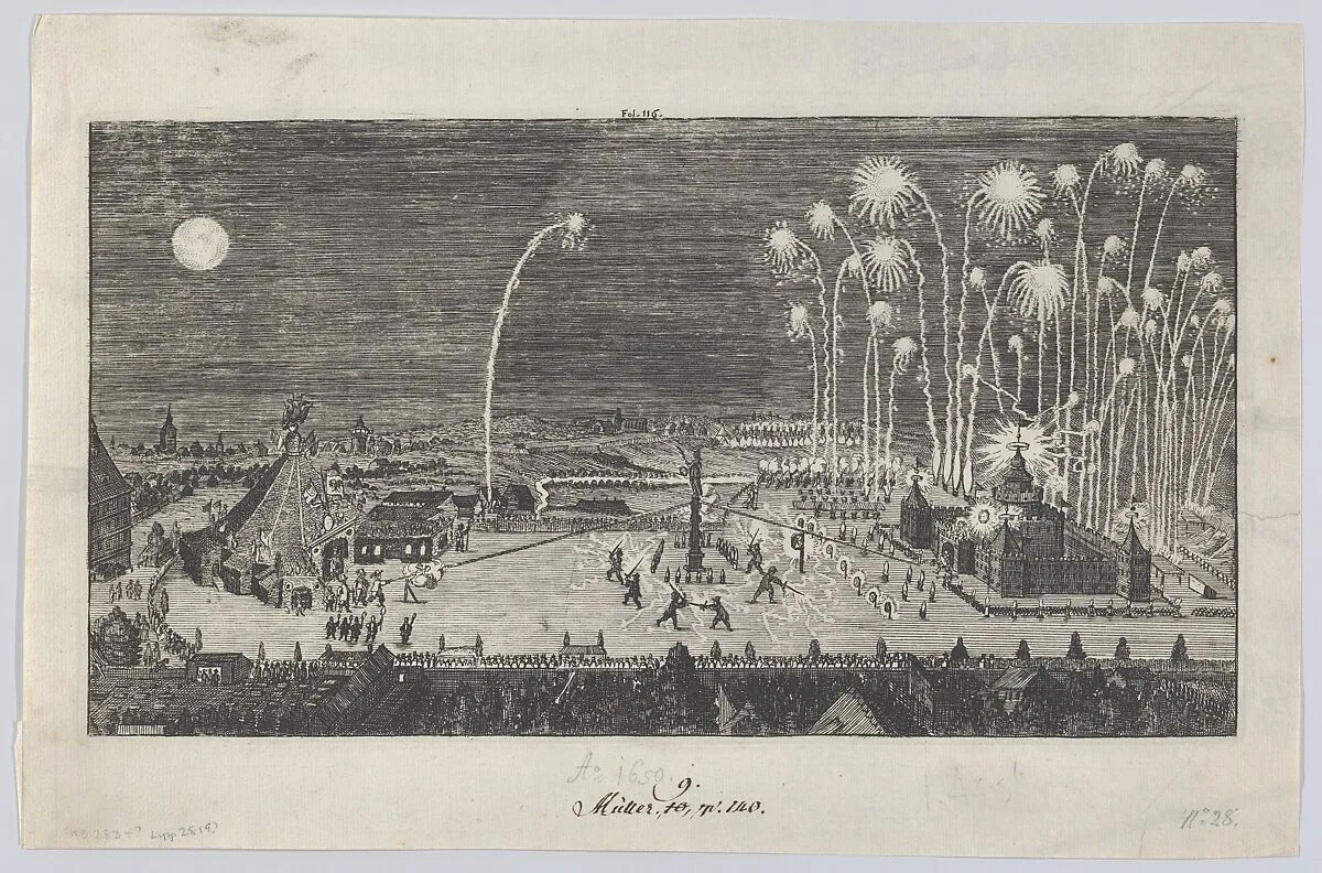 Fireworks display celebrating the end of the Thirty Years War, Nuremberg, 1650 — Peter Troschel|Michael Herr|Anonymous