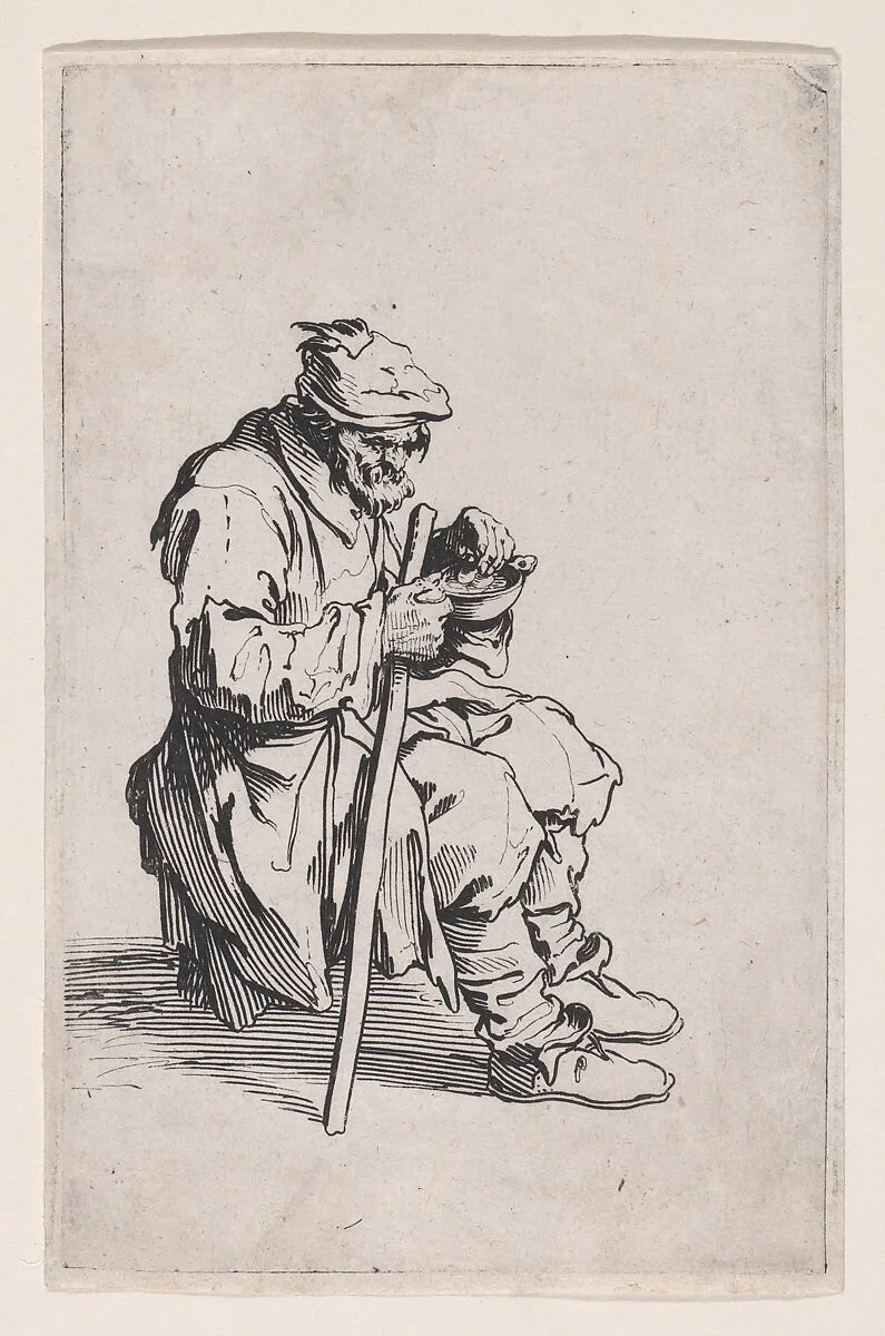 Le Gueux Assis et Mangeant (The Beggar Sitting and Eating), from Les Gueux suite appelée aussi Les Mendiants, Les Baroni, ou Les Barons (The Beggars, also called the Barons) — Jacques Callot