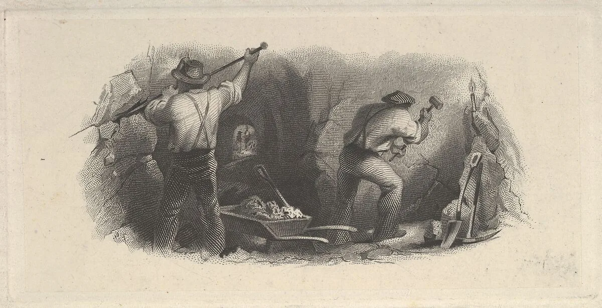 Banknote vignette showing two men working in a mine — Asher Brown Durand|A. B. & C. Durand & Company|Durand, Perkins, and Company