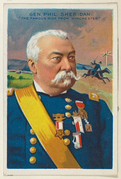 General Philip Sheridan, The Famous Ride from Winchester, from the "Heroes of History" series (T68), issued with Miners Extra Smoking Tobacco, Natural Leaf Scrap, and Royal Bengals Little Cigars — Royal Bengals Little Cigars|Major General Philip Henry Sheridan