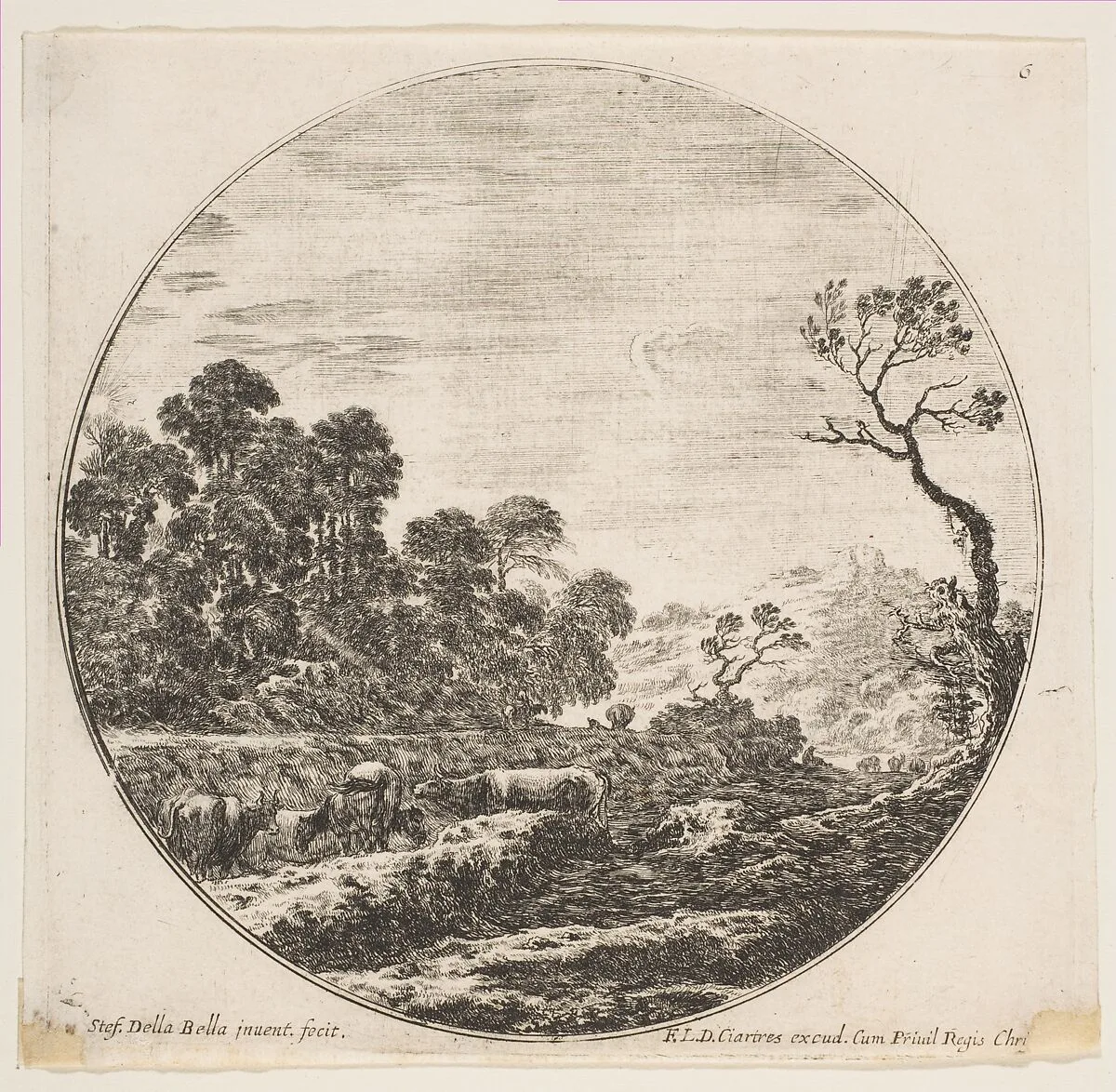 Cows crossing a valley at left, a horseman and other cows in the background, plate 6 from "Roman landscapes and ruins" (Paysages et ruines de Rome) — Stefano della Bella|François Langlois