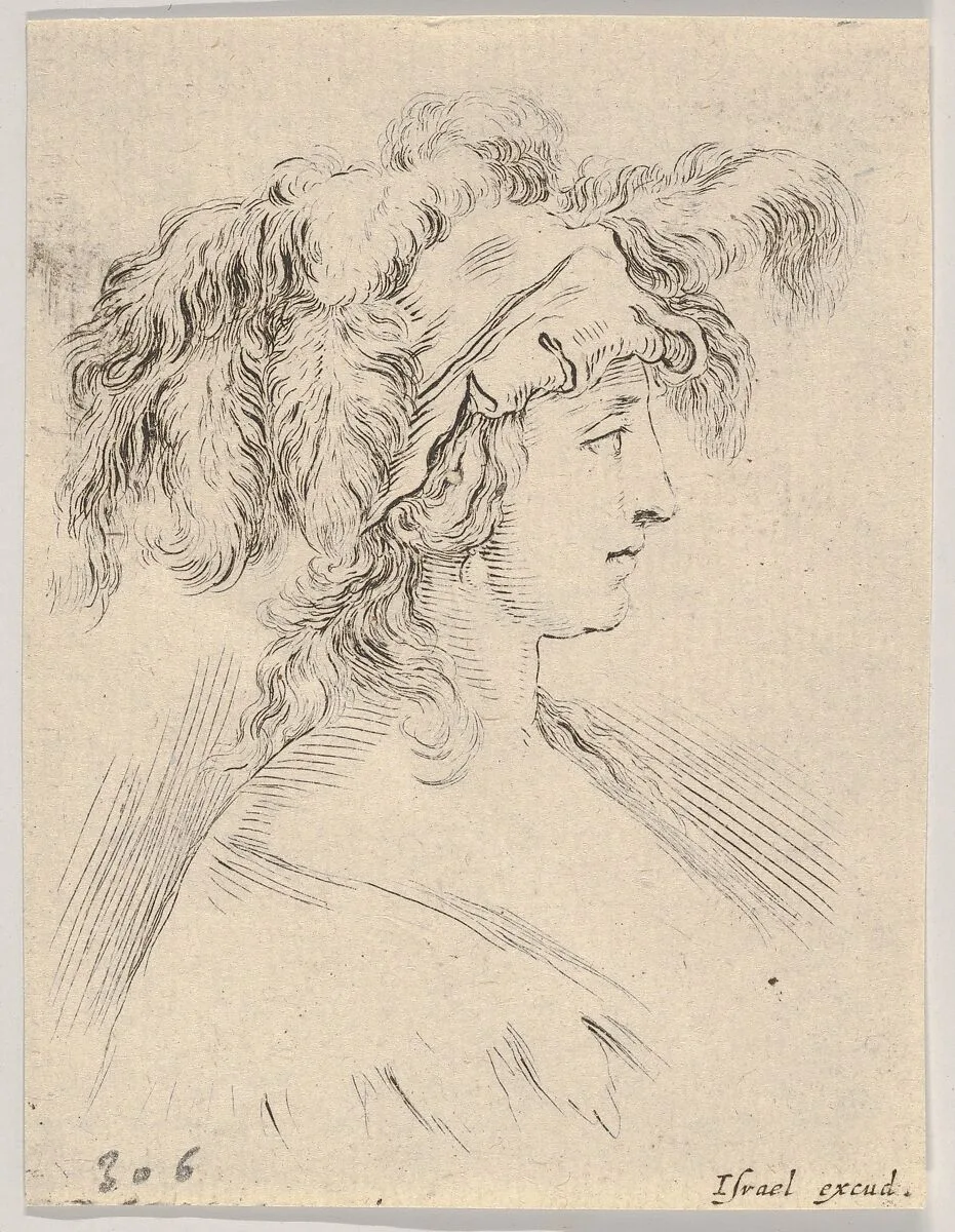 Plate 15: mid-bust of a young woman in profile wearing a hat topped with feathers, from 'The Book for Learning to Draw' (Livre pour apprendre à dessiner) — Stefano della Bella|Israël Henriet