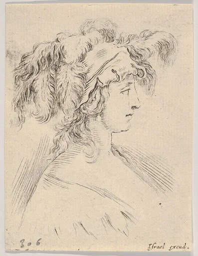 Plate 15: mid-bust of a young woman in profile wearing a hat topped with feathers, from 'The Book for Learning to Draw' (Livre pour apprendre à dessiner)