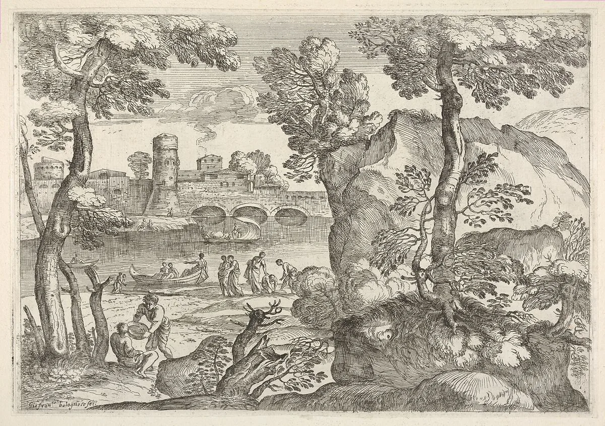 Landscape with bridge traversing a river occupied with three small boats, one of which is encroaching the near river bank, in the foreground are a rocky outcrop and a figure lifting a circular dish above a seated figure — Giovanni Francesco Grimaldi
