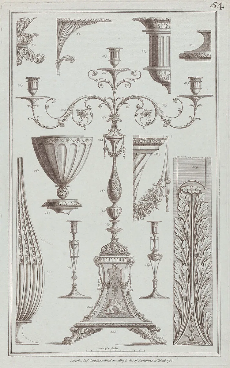 Candelabra, Vessels and Ornament, nos. 358–369, plate 54 from "Designs for Various Ornaments" — Michelangelo Pergolesi