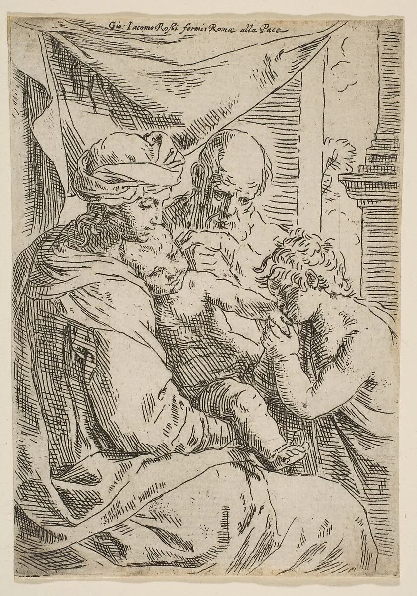 Holy Family with Saint John the Baptist kissing the infant Christ's hand — Simone Cantarini