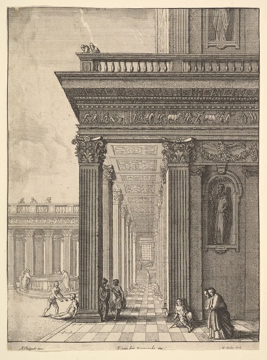 Temple colonnade and courtyard with figures — David Teniers the Elder|Frans van den Wyngaerde|Adam Elsheimer|Wenceslaus Hollar