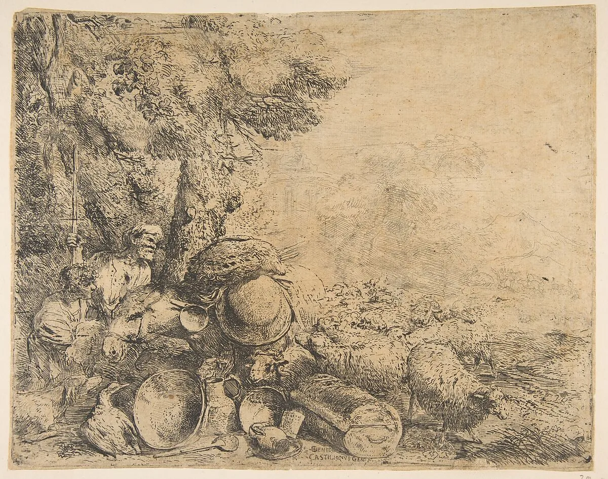 Two shepherds, a donkey and other animals in a landscape — Giovanni Benedetto Castiglione (Il Grechetto)
