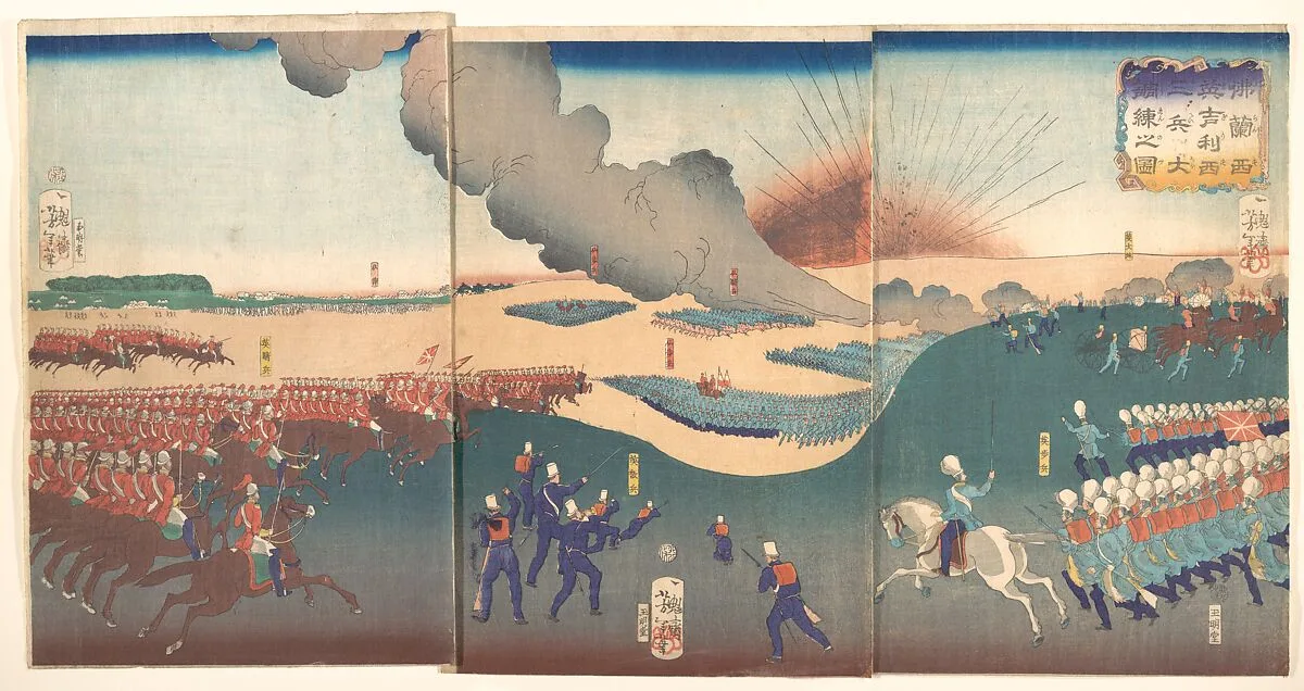 仏蘭西英吉利三兵大調錬之図|Maneuvers by Three Categories of French and English Soldiers (Furansu Igirisu sanhei ōchōren no zu) — Tsukioka Yoshitoshi