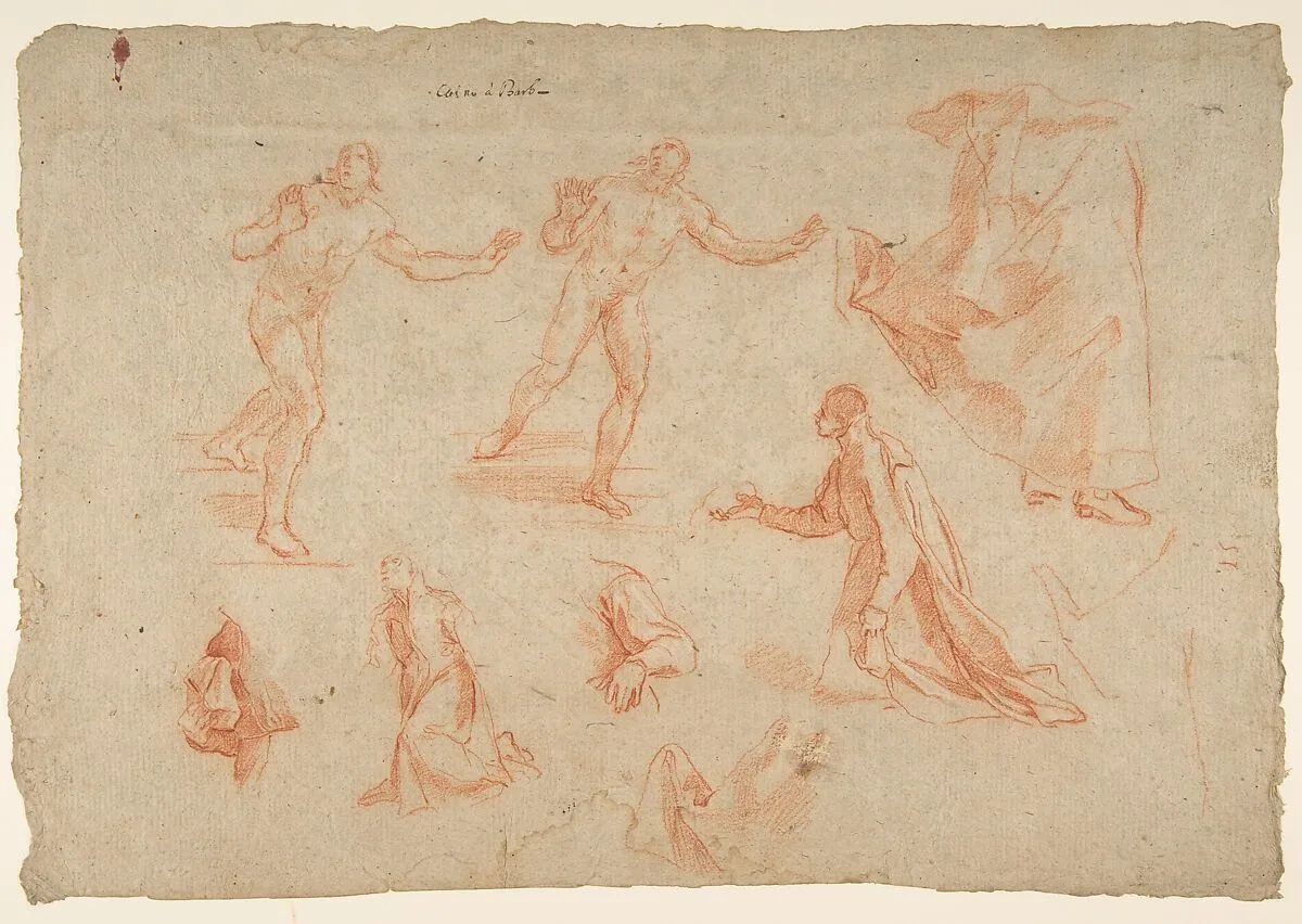 Figure and Drapery studies (recto); Three Studies of a Male Torso for the 'Coronation of Marcantonio Pasqualini' (verso) — Andrea Sacchi